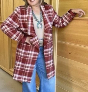 Andree by Unit Mystic Love karierte offene Jacke in Burgund gefüttert Übergröße 3X neu mit Etikett. - Bild 1 von 12