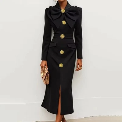 Vestido midi feminino cor sólida manga longa Bodycon elegante botão com fenda Spri - Imagem 1 de 4