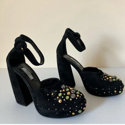 Tacones de salón Prada de gamuza negros adornados con joyas plataforma D’orsay EU 39,5 Foto 1 de 4