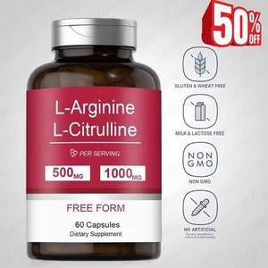L-Arginine L-Citrulline Supplement | 1000 Mg | 60 Capsules | Free Form | Non-Gm- - Picture 1 of 9