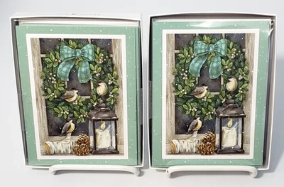 2 Packs Christmas Cards Leanin' Tree 24 Total Wreath Birds Candle Birch Pinecone - Image 1 of 3