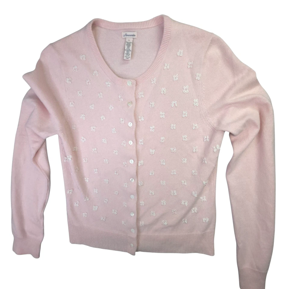 Abercrombie Cardigan Sweater Women L Actual Small Pink Angora Bow Beaded Japan - Image 1 of 4