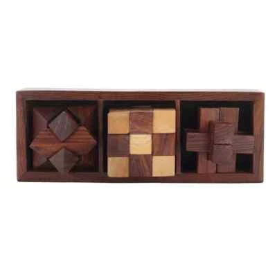 Sheesham wood/Rosewood set of 3 Puzzle game (Star, Interlocking, Snake cube) - Image 1 of 4