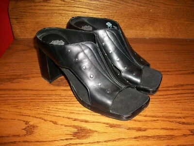 Harley Davidson Black Leather Platform Block Heels Rivet Detail Size 10-NICE - Image 1 of 4