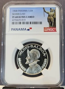 1968 PANAMA SILVER 1/2 BALBOA 1/2B NGC PF 68 ULTRA CAMEO STUNNING FROSTY BLAZER - Picture 1 of 3