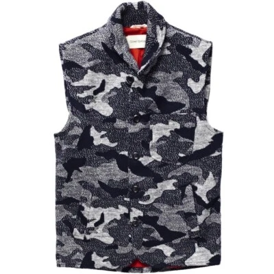 Oliver Spencer Shawl Collar Camo Intarsia Wool Gilet Vest Waistcoat 38/M Mens - Image 1 of 4