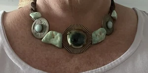 "Vintage Jan Michaels Ottone Verde Turchese E Grande Pietra Centrale 16"" - Foto 1 di 15