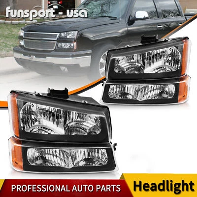 Black Headlights For 2003-2006 Chevy Silverado 1500 2500 3500 Pairs Bumper Lamps - Image 1 of 4