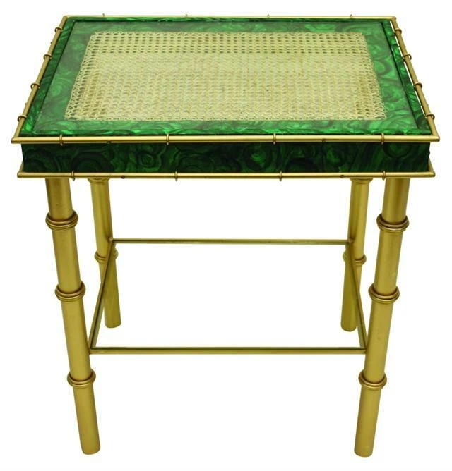 Mesa auxiliar de malaquita verde esmeralda dorada con acento Art Deco extremo bambú estilo vintage Foto 1 de 1