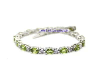 Natural Peridot & CZ Gemstones with 925 Sterling Silver Bracelet For Women's #30 - Image 1 of 4