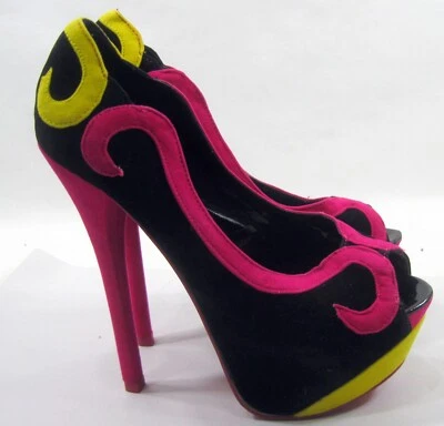 Negro Multi 6" Stiletto Tacón Alto Peep Toe 2" PLATAFORMA Zapatos MUJERES Talla 7 Foto 1 de 4