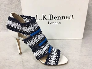 L.K. Sandalias Bennett Eloise Cuero Crochet Azul Tacones Blancos Talla 36 $425 Nuevas en Caja - Imagen 1 de 10