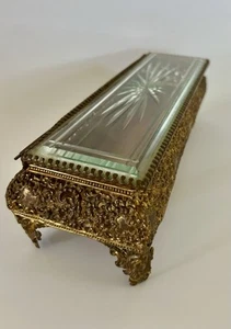 Antique, Ormolu, Filigree, Jewelry Casket, Jewelry Box, Beveled Etched Glass Lid - Picture 1 of 18