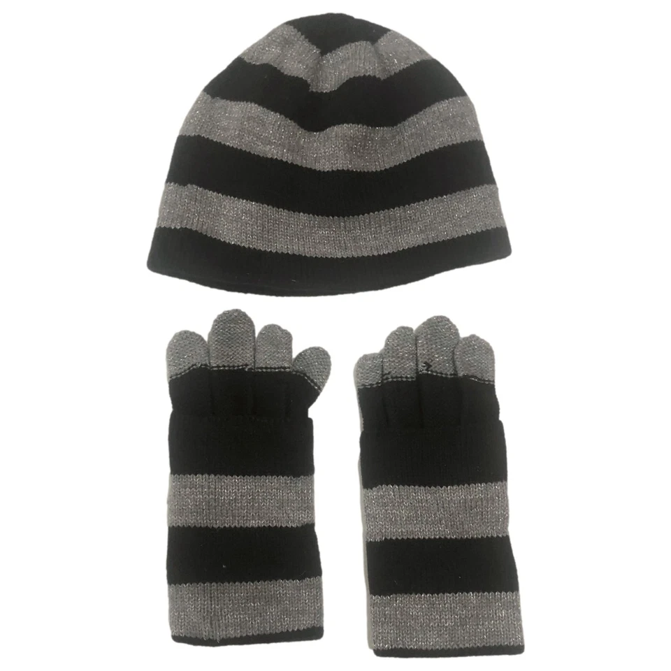 Conjunto de gorro y guantes metálicos a rayas plateadas y negras Faded Glory para niñas Foto 1 de 1