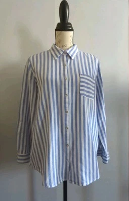 Женская рубашка Nicole Miller средний размер синяя полоса льняная вискоза блузка на пуговицах - Изображение 1 из 4