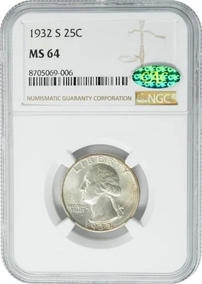 1932-S Washington Quarter 25c MS64 NGC CAC 950550-8 - Image 1 of 4