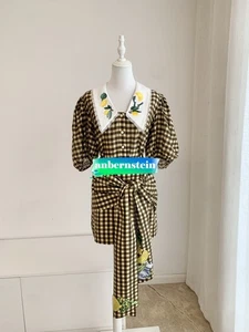 Alemais Lemon Coffee Embroidered Plaid Lapel Casual Shirt+Overskirt Suit Woman - Picture 1 of 20