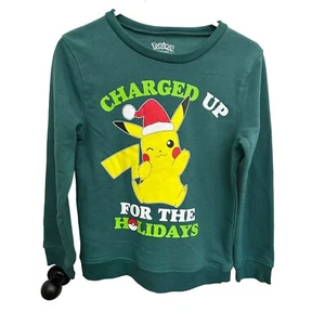 Pokemon Christmas Sweatshirt Pikachu Kids Green Size L Charged Up For Holidays - Picture 1 of 4