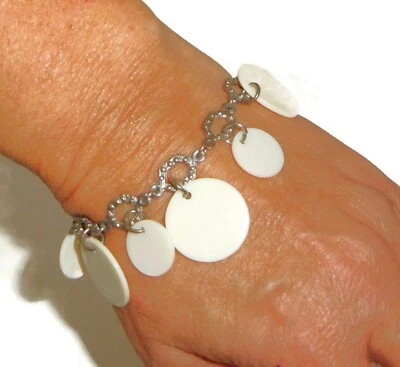 Sobral Fichas N34 White Charm Disks SilverTone Chain Link Artist Made Bracelet - Image 1 of 4