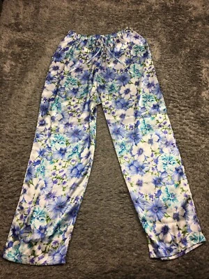 VTG Secret Treasures Pajama Pants Womens Size Large White Blue Floral Silky - Image 1 of 4