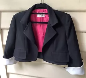 Covers Black Jacket Cropped Vtg Contrast Cuffs 8 XS Back Slits Fitted Lined EUC - Picture 1 of 13