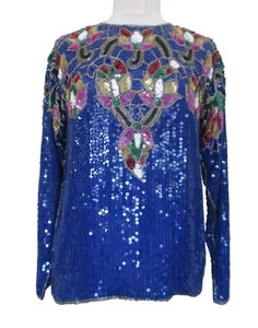 Vintage 1980s Sequin Top Blue Silk Long Sleeve Multicolor Design M Women - Picture 1 of 5