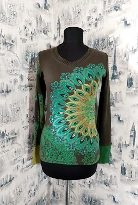 DESIGUAL Mujer Top Talla S Verde Tejido Manga Larga Pullover Paisley Jumper 36T2642 Foto 1 de 4