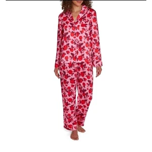 Pigiama donna Loft taglia M rosa/rosso floreale raso intagliato colletto camicia pantaloni - Foto 1 di 10