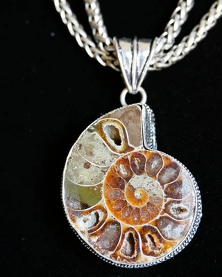 Cadena colgante de piedras preciosas fósiles de amonita 925 artesanal joyería de plata regalo para hombre Foto 1 de 4