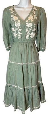 Vestido midi Lucky Brand S verde salvia bordado pradera cabaña capa central Foto 1 de 4