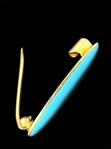 Nachlass 14k Gold Rotkehlchen Ei Blau/Tiffany/Türkis Blau Emaille Oval Stab Brosche - Bild 1 von 8