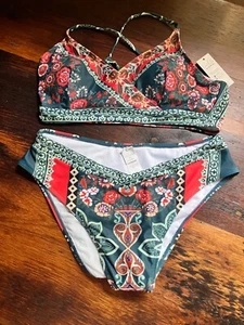 New Ladies Floral Dark Green Fully Lined Size L Bikini - Picture 1 of 5