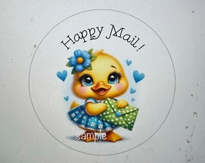CUTE DUCK HAPPY MAIL ENVELOPE SEALS LABELS STICKERS TAGS ROUND 1.5" - Picture 1 of 1