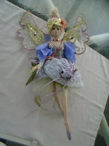 Beautiful Ornate 20" Porcelain Fairy Doll Lavender & White Attire Wings Mask  - Picture 1 of 5