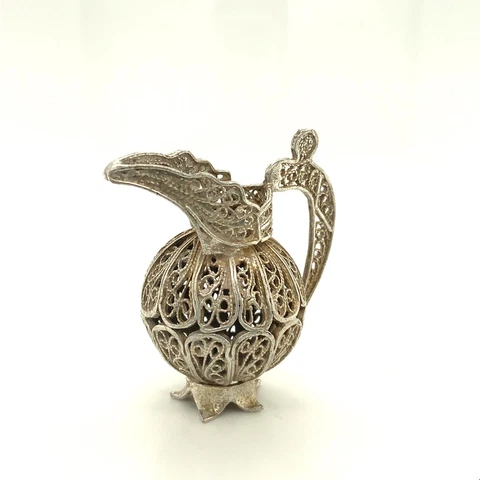 Vintage Sterling Victorian Filigree Renaissance Pitcher Pot Figure Miniature Cover