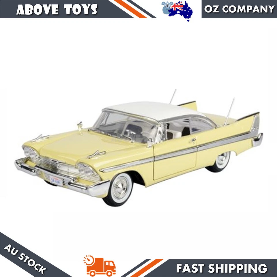 Modelo de coche Motormax 1958 escala 1:18 Plymouth Fury Timeless Classics amarillo blanco Foto 1 de 1