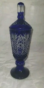 Vintage Cobalt Blue Cut to Clear Crystal Canister Urn pedestal Vase w/ Lid As Is - Picture 1 of 13
