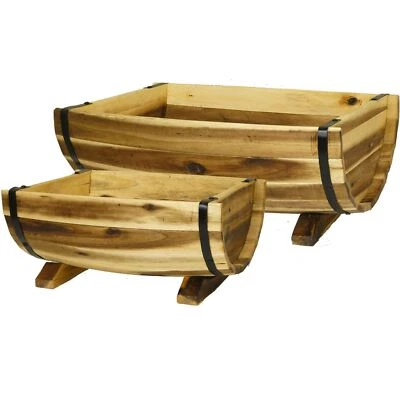 CHG Acacia Wood Half-Barrel Planters with Metal Band, Assorted Sizes (Set of 2) - Image 1 of 3