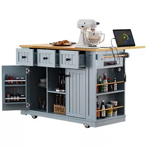 Large Rolling Kitchen Island with Drop Leaf Power Outlet for Dining Room - Picture 1 of 23