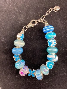 Handmade Adjustable Beaded Bracelet, Paw, Heart, Flowers Charms Blue - Picture 1 of 1