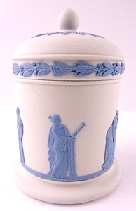 Raro 1979 Wedgwood lavanda (azul pálido) en crema jaspe tarro de cigarrillos y tapa - Imagen 1 de 8