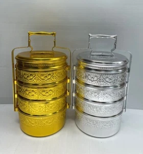 Vintage Style Thai Pikul Design Aluminium Silver XL Food Carrier Gold 22 cm Gift - Picture 1 of 45