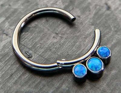 1pc Solid Titanium 3 Bezel Set Opals Hinged Segment Ring Helix Septum Clicker - Image 1 of 4
