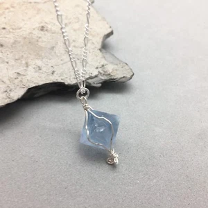 Fluorite Octahedron Crystal Wrapped Pendant Sterling Silver Blue 20" Chain - Picture 1 of 7
