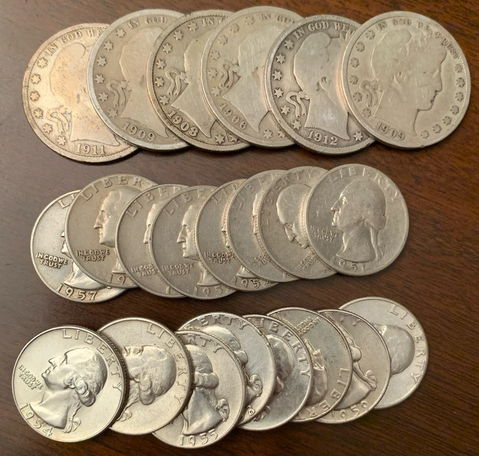 Lot-(1906-1960)-($7-FV)=Barber Half Dollars+Wash Quarters-USA 90% Silver Coins - Image 1 of 2