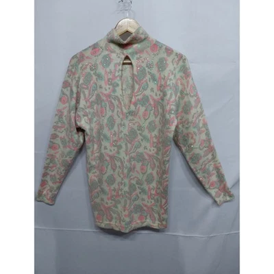 Outlander Vintage Paisley Beaded Turtleneck Sweater Pink Mint | Size M - Image 1 of 4