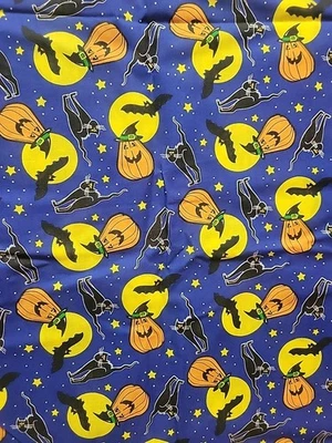 Vintage Halloween Fabric Cotton Black Cats Bats Jack O Lantern Blue Pumpkins 25" - Image 1 of 4