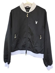 Playboy Black White Bomber Jacket Size L Zip Front Logo Pockets Preowned - Picture 1 of 10