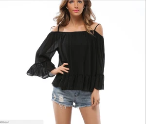 Camisa sin mangas de gasa negra borde ondulado semi transparente suelta flotante - Imagen 1 de 10