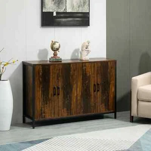 Rustic Brown Sideboard Buffet Storage Cabinet Console Table Shelves Black Steel - Picture 1 of 9